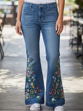 Vintage Y2K Sheryl Crow Floral Embroidered Boho Flare Jeans Size 16